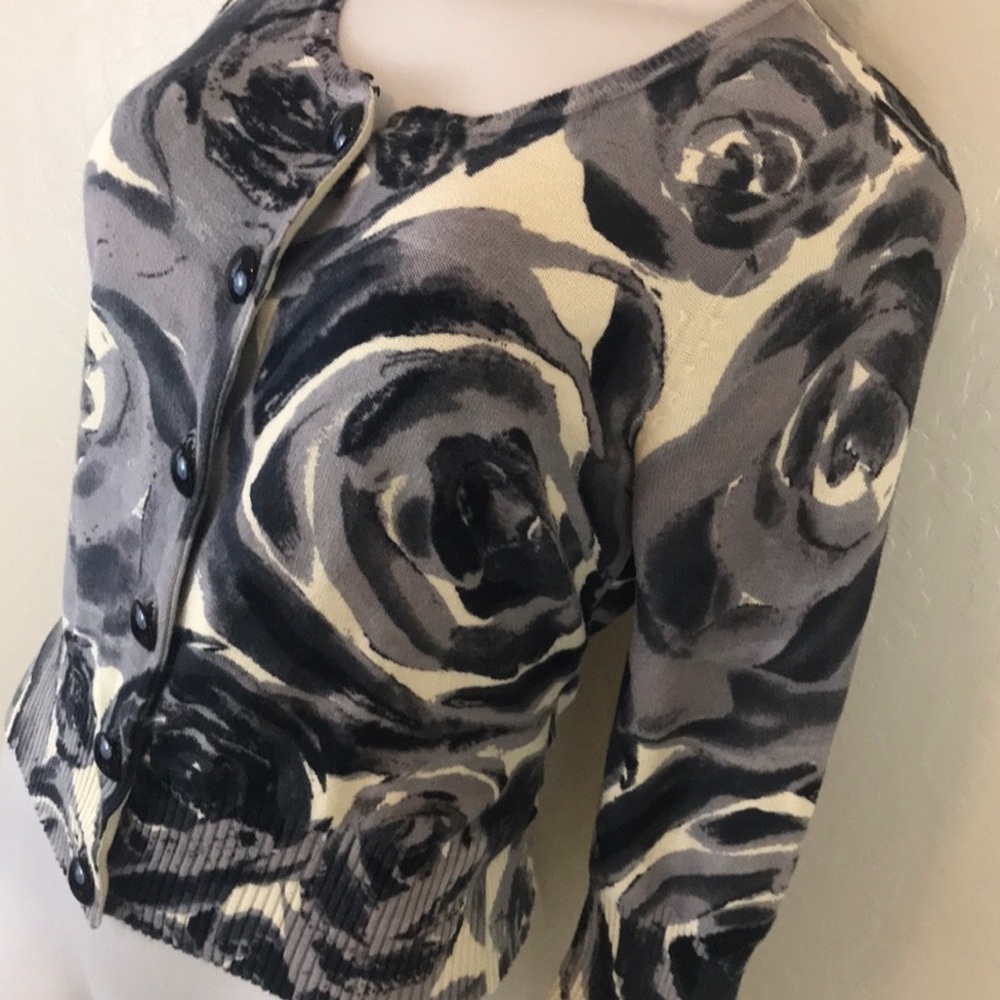 Tracy Reese Career Blue And Beige Floral Cardigan - Picture 2 of 4